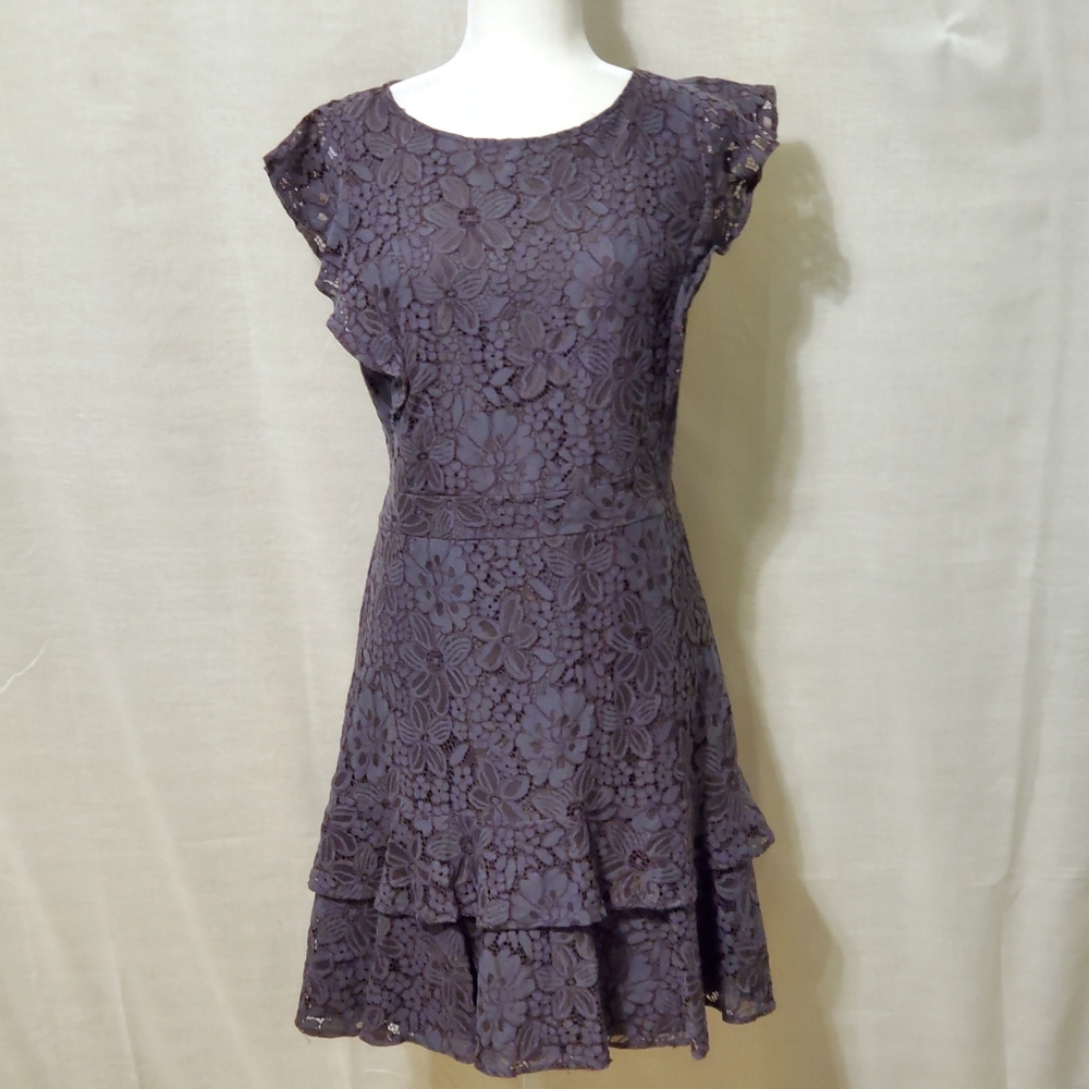 Ann Taylor Loft gray lace tiered ruffle dress, 10